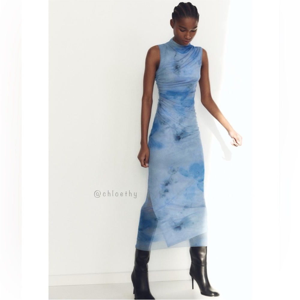 Zara Blue Tie-Dye High-Neck Midi Dress